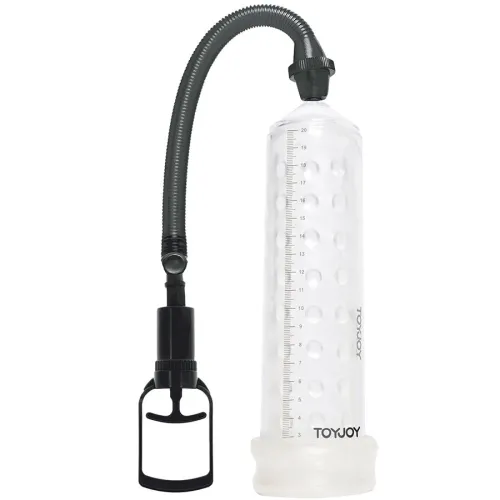 Transparent vacuum pump with black hose and handle, measuring scale on the side.