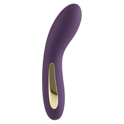 Lila Vibrator mit geschwungener Form und goldenen Akzenten, freigestellt auf weißem Hintergrund.