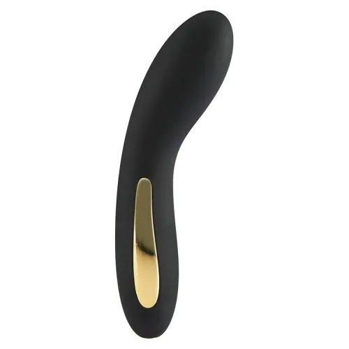 Black, curved vibrator with golden accents, isolated on a white background.