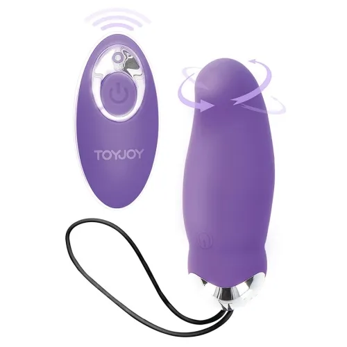 Purple vibrator with remote control, shows rotating movements and wireless control.