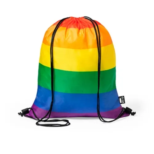 Colorful gym bag with rainbow stripes and black cords.