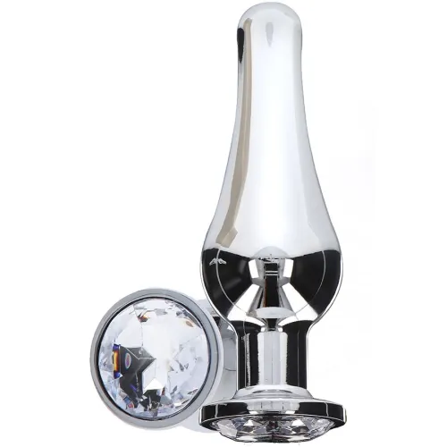 Silberner Metallplug mit rundem, klarem Kristall an der Basis.