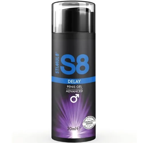 Schwarze Flasche mit S8 Delay Penis Gel, 30 ml, lila und blauer Akzent, Qualitätssiegel unten rechts.