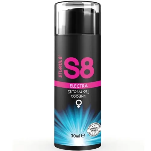 Schwarze Flasche mit pinkem S8-Logo, "Electra Clitoral Gel Cooling", 30 ml, Qualitätsstempel "Made in Germany".