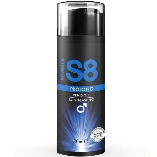 Black bottle of S8 Prolong Penis Gel, 30 ml, with blue and white design, "Made in Germany" seal.