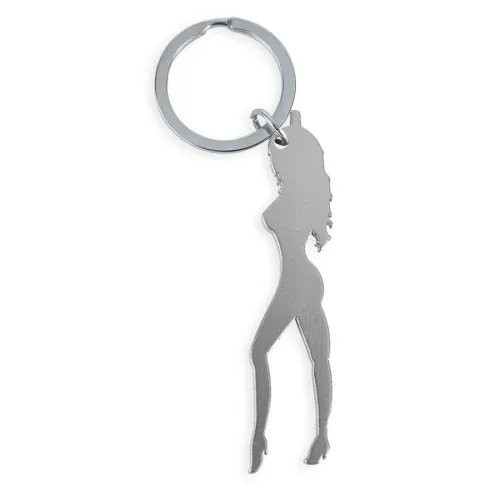 Keyring in the shape of a stylized female silhouette made of metal.