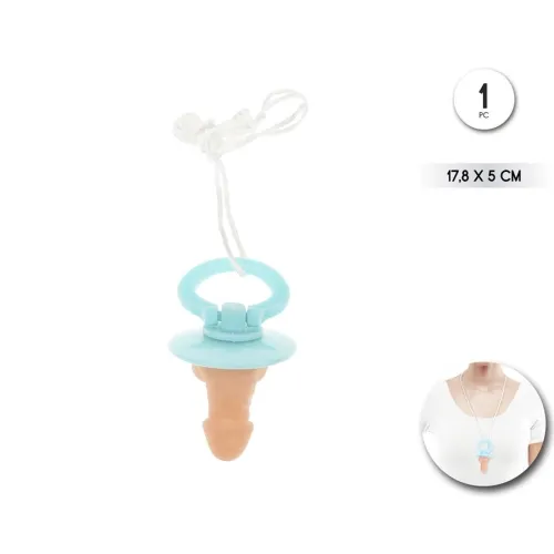 Blue pacifier with cord, 17.8 x 5 cm, worn around a person's neck.