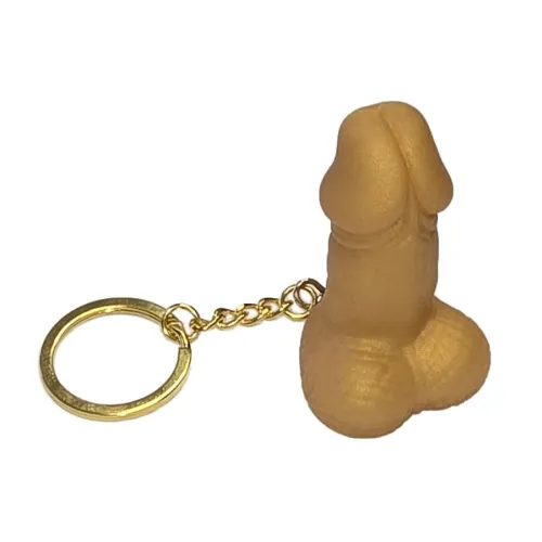 Penis-shaped keychain made of plastic with a gold chain and ring.