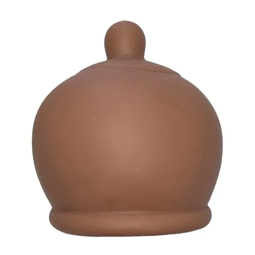 Brauner, runder Terrakotta-Deckel mit kleinem Griff oben.