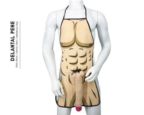 Mannequin wearing an apron with a muscular body and a sewn-on, humorous detail.