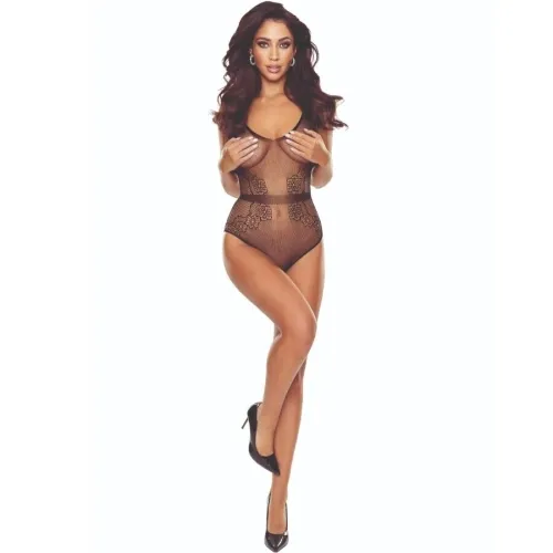 Woman in black lace bodysuit and high heels against a white background.