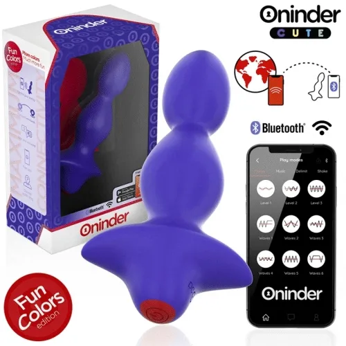 Purple Bluetooth vibrator with packaging and smartphone app for control, "Fun Colors Edition" by Oninder.