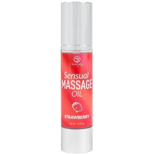 Red bottle labeled "Sensual Massage Oil Strawberry", 50 ml.