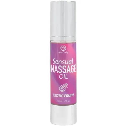 Flasche mit "Sensual Massage Oil" und "Exotic Fruits" Aufschrift, 50 ml.