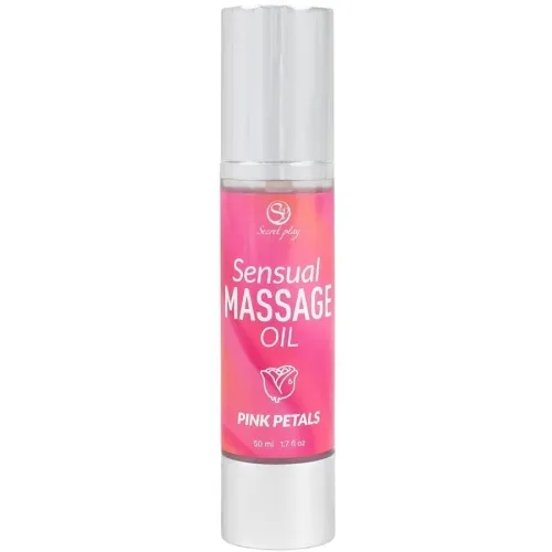 Bottle with a pink label that reads "Sensual Massage Oil, Pink Petals, 50 ml".