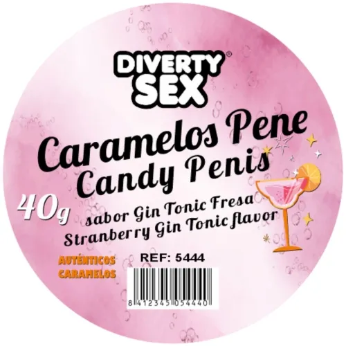 Round label for "Caramelos Pene" with strawberry gin and tonic flavor, 40g, pink background, cocktail illustration.