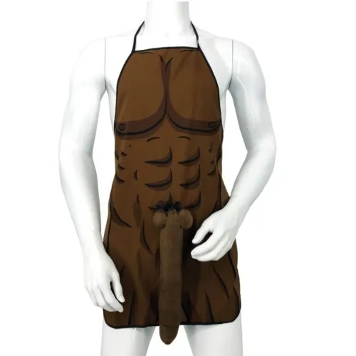 Apron with a muscular torso design and humorous detail on a white mannequin torso.