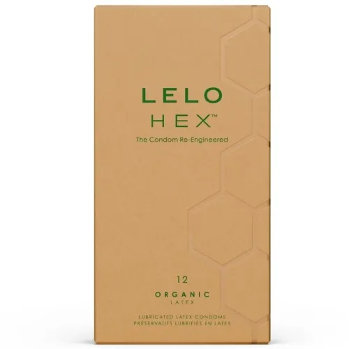Braune Verpackung von LELO HEX Kondomen, 12 Stück, aus organischem Latex, mit hexagonalem Muster.