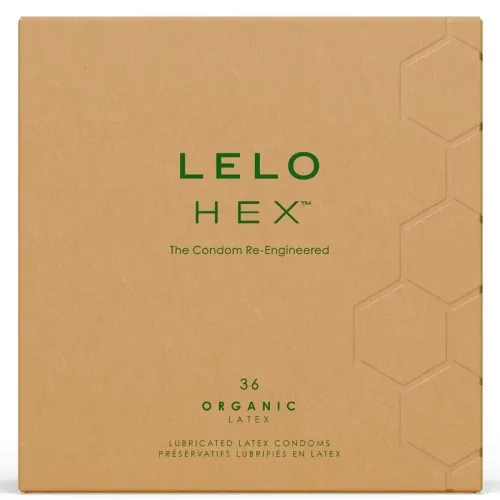 Brown packaging of LELO HEX condoms with green text and hexagonal pattern.