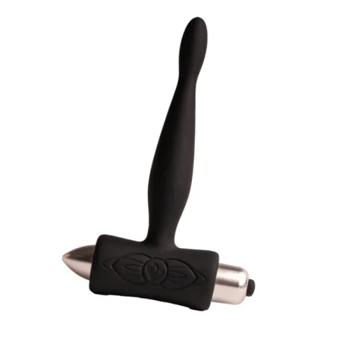 Schwarzes, längliches Silikonspielzeug mit einem metallischen Ende, das wie ein Hammer geformt ist.