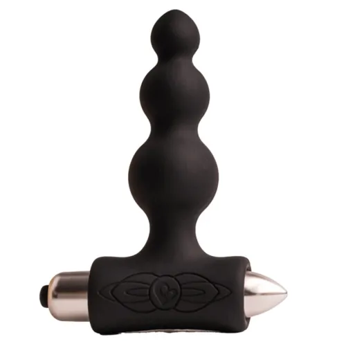 Black, spherical sex toy with a silver handle, on a white background.