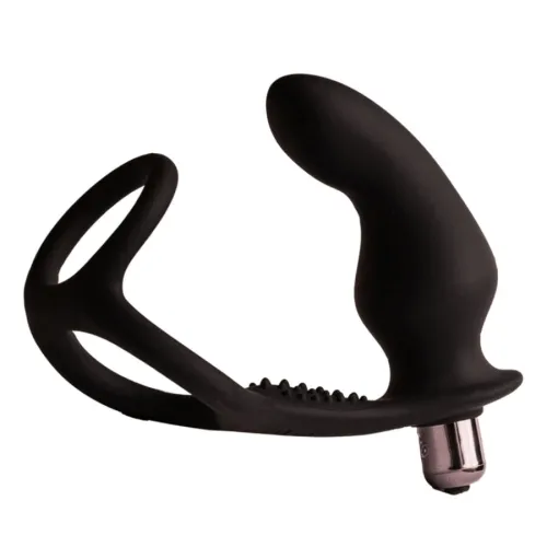 Black, ergonomically shaped sex toy with ring and vibration function.