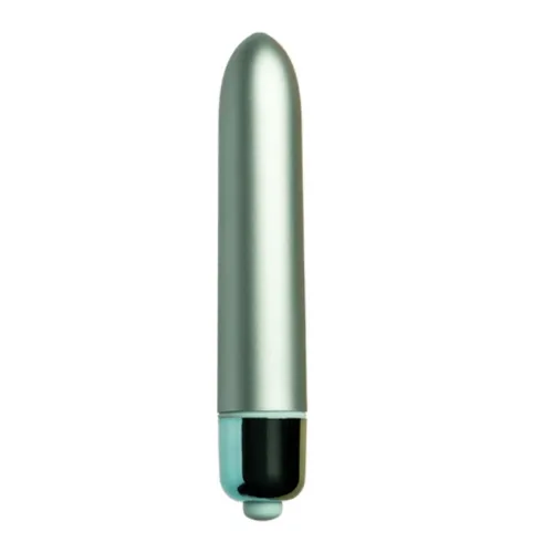 Silberner, zylindrischer Vibrator mit abgerundeter Spitze und schwarzem Ende auf weißem Hintergrund.