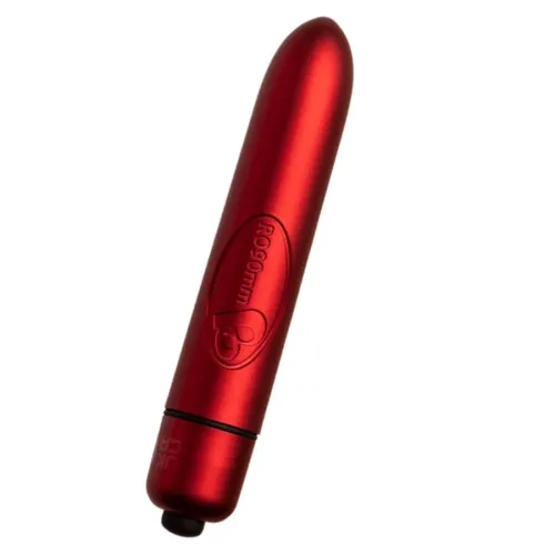Red, cylindrical vibrator with a rounded tip and embossed logo.