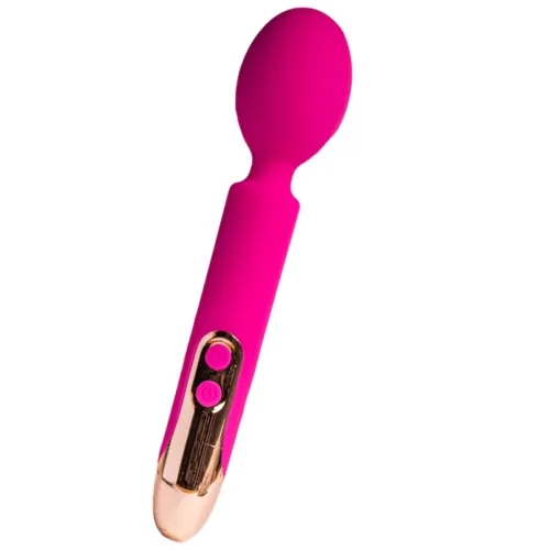 Pink massage device with gold accents and two buttons.