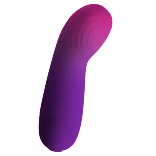 Purple and pink vibrator with a curved tip on a white background.