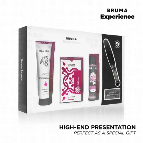Geschenkset "Bruma Experience" mit Aloe Vera Creme, Kaugummi, Peeling-Gel und Bürste in eleganter Verpackung.