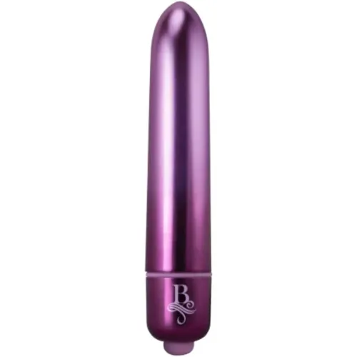 Lila, metallisch glänzender Vibrator mit abgerundeter Spitze und dekorativem Logo am unteren Ende.