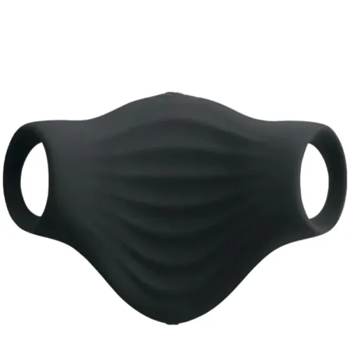 Schwarze, strukturierte Gesichtsmaske mit zwei Ohrschlaufen, wellenförmiges Design.