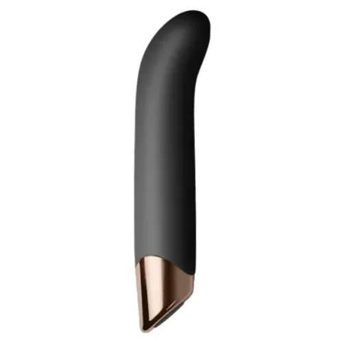 Black vibrator with a curved tip and gold-colored end, against a white background.