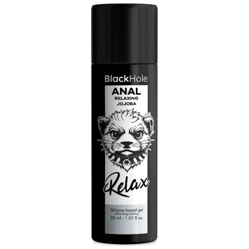 Black bottle with the inscription "BlackHole Anal Relaxing Jojoba", illustrated animal face, 30 ml.