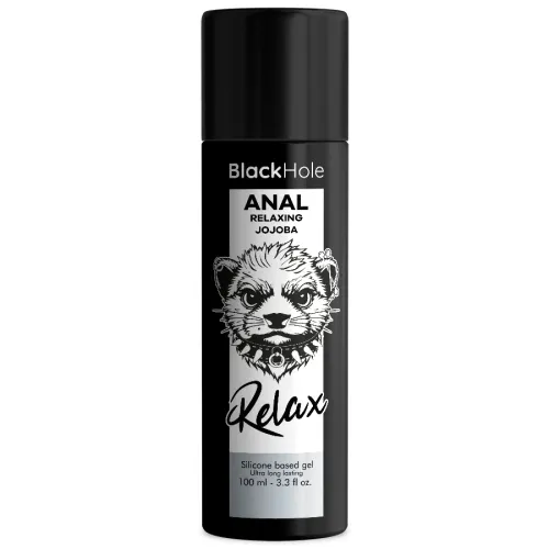 Schwarze Flasche mit Aufschrift "BlackHole Anal Relaxing Jojoba", Illustration eines Tieres, 100 ml.