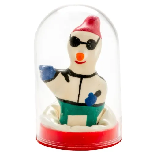 Figure of a snowman wearing sunglasses and a red hat inside a transparent dome.