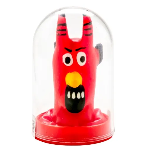 Rote, cartoonartige Figur mit Hörnern und wütendem Gesichtsausdruck in einer durchsichtigen Kuppel.