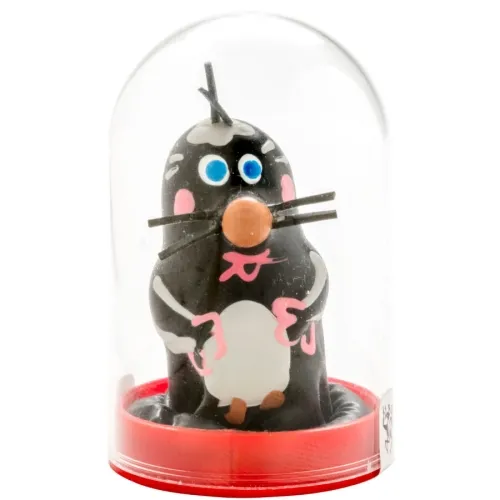 Small mole figurine in a transparent plastic dome with a red base.