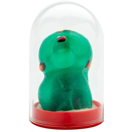Green, transparent figure in a transparent dome with a red base.