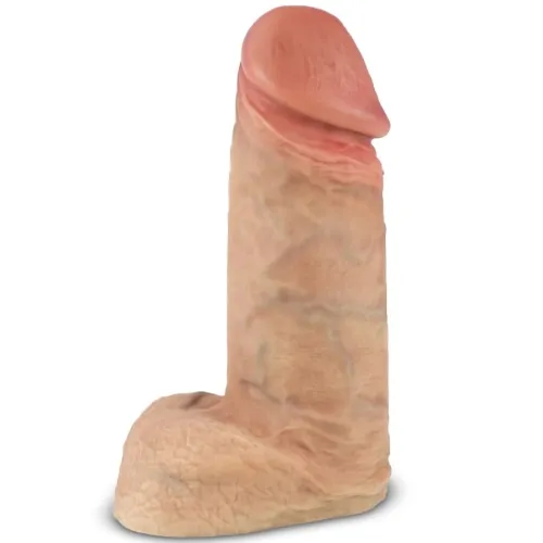 Ein hautfarbener Dildo mit realistischen Details auf weißem Hintergrund.