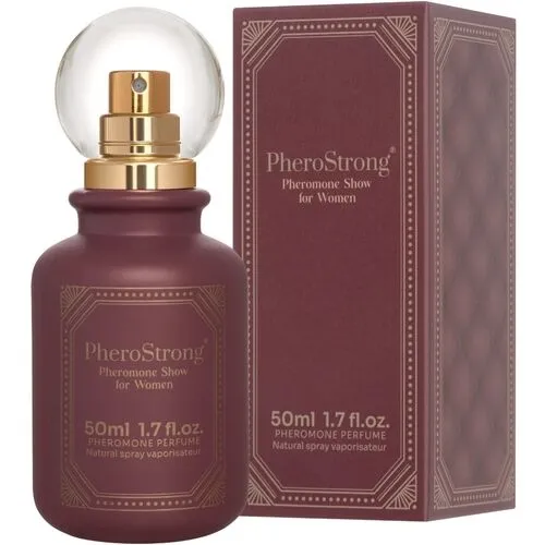 Perfume bottle and packaging of PheroStrong Pheromone Show for women, 50 ml, in burgundy red color.