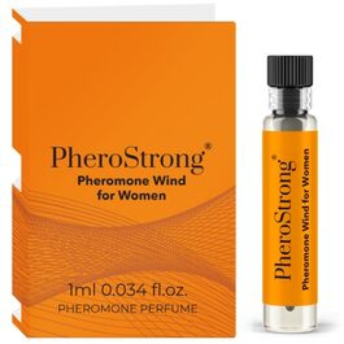 Orange PheroStrong Pheromone Parfüm für Frauen, 1 ml Fläschchen neben Verpackung.