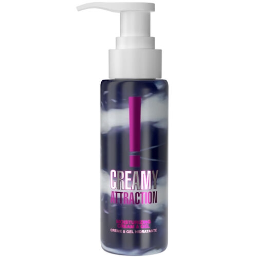 Flasche mit Pumpspender, Aufschrift "Creamy Attraction", schwarz-weißes Design mit pinkem Akzent.