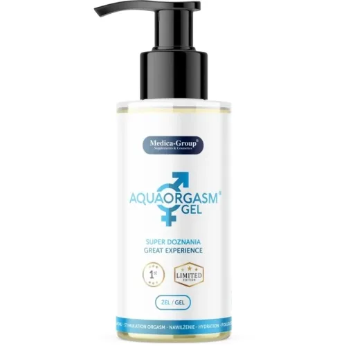 Flasche mit Spender, beschriftet als "Aquaorgasm Gel" von Medica-Group, Limited Edition.