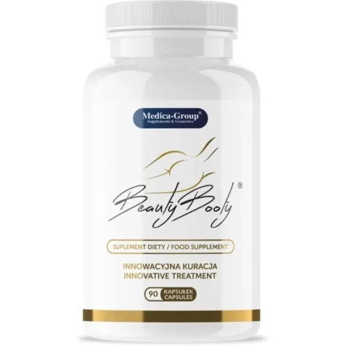 White bottle with "Beauty Booty" label, 90 capsules, food supplement from Medica-Group.