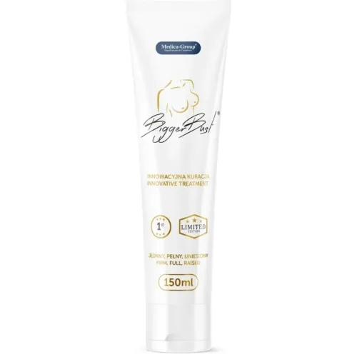 Weiße Tube mit der Aufschrift "Bigger Bust", 150 ml, innovative Behandlung, Limited Edition.