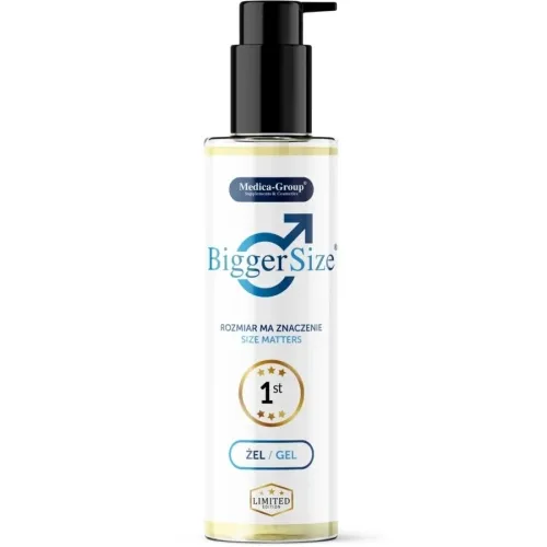 Flasche BiggerSize Gel mit Pumpe, blaues Logo, Text "Size Matters", Limited Edition.