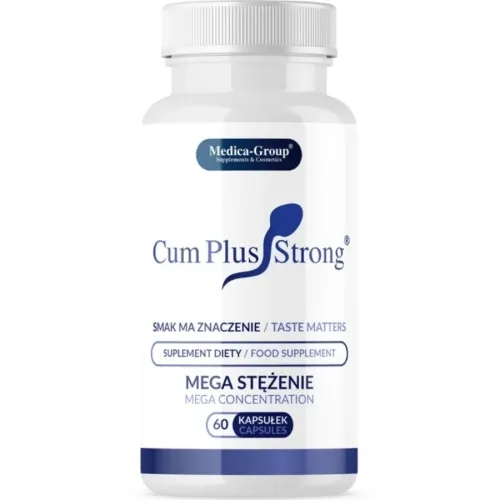 Weiße Flasche mit der Aufschrift "Cum Plus Strong", Nahrungsergänzungsmittel, 60 Kapseln.