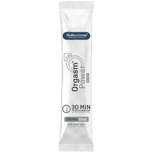 Weißes Sachet mit der Aufschrift "Orgasm Power for men", 10 ml, Nahrungsergänzungsmittel von Medica-Group.